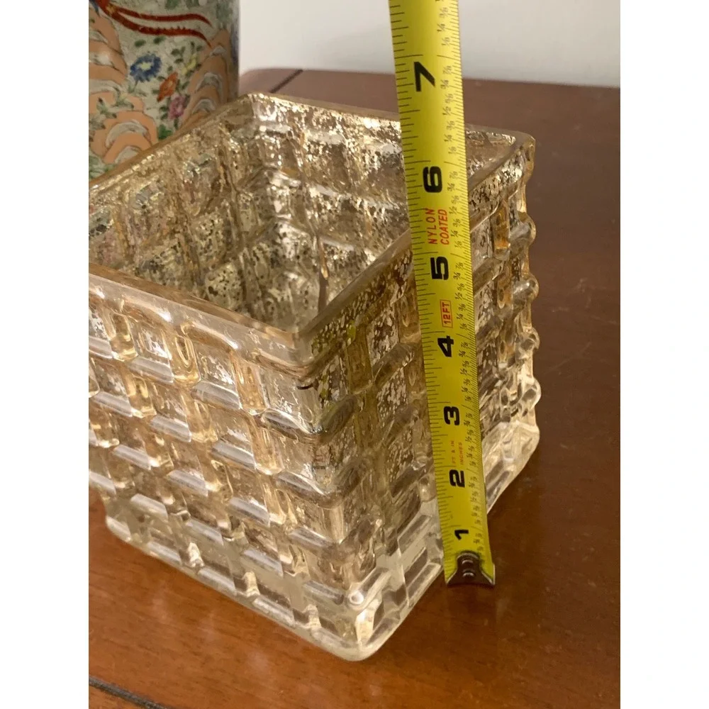 Mercury Glass Gold Square Waffle Grid Candle Holder Vase Hollywood Regency 4.5in
